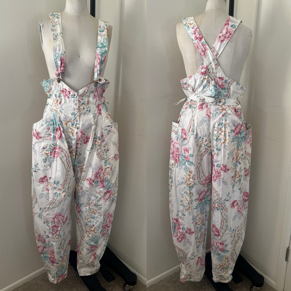 Karen Alexander Cabbage Rose High Waisted Mom Suspender Jumpsuit Overalls 14 L